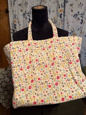 Cream Floral Canvas Tote with Pink & Yellow Blooms